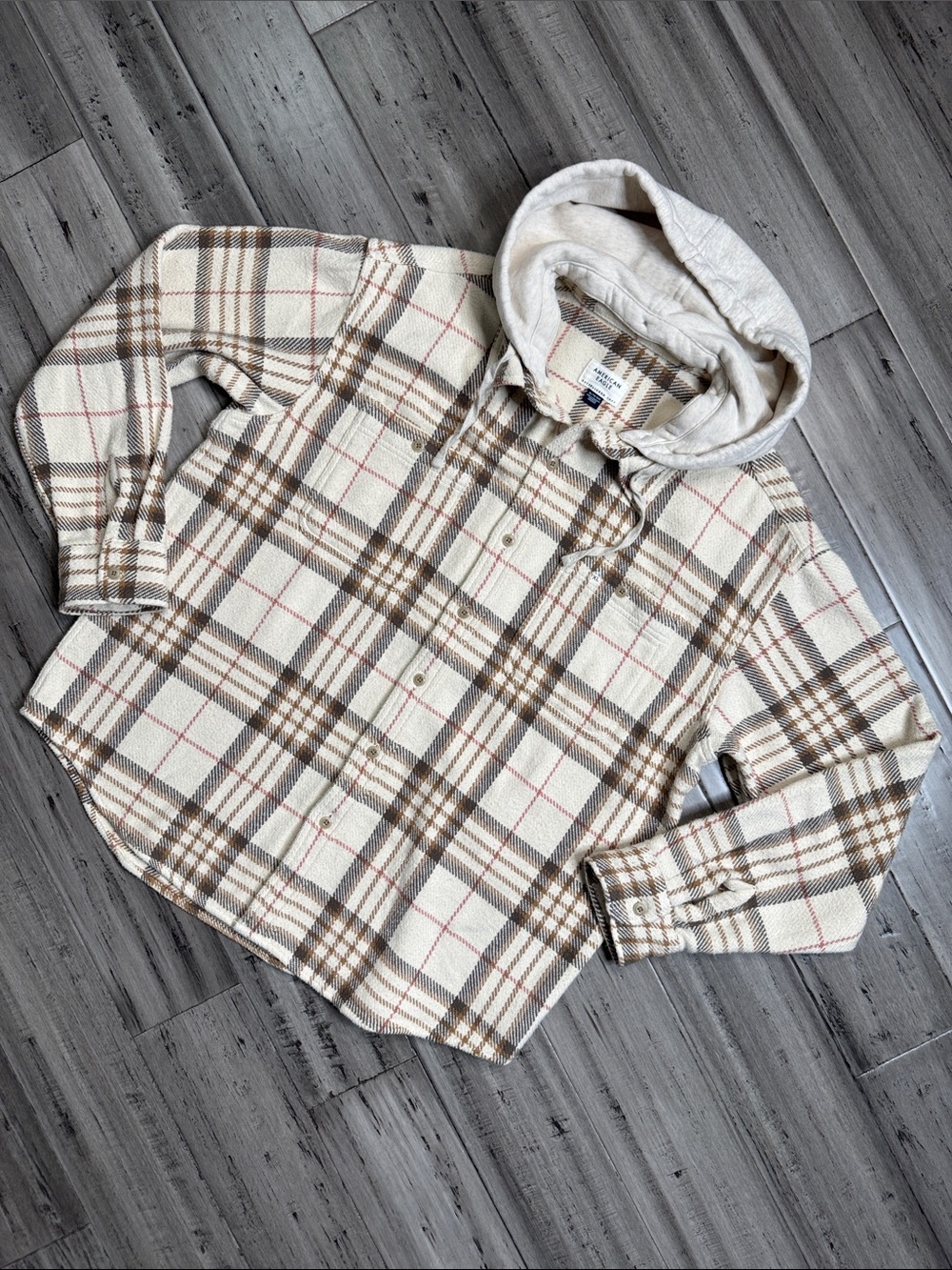 AMERICAN EAGLE HOODED FLANNEL SHIRT FROSTY CREAM PLAID BAJA BUTTON UP SHACKET - Picture 4 of 13